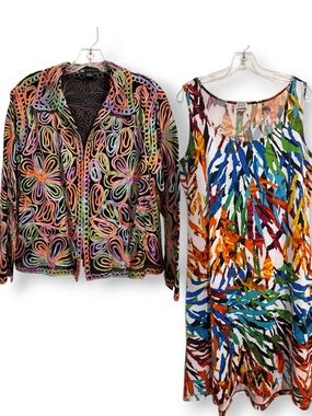 Bundle Casual Studio Jacket Karen Hart Dress Multicolor Floral Appliqué Zip XL